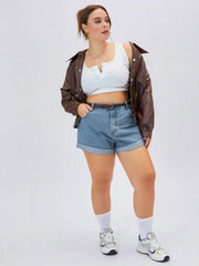 Pocket Denim Shorts With Belt Curve & Plus