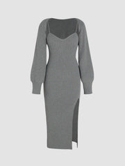 Knit Solid Cami Split Midi Dress & Shrug