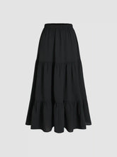 Solid Elastic Waist Ruffle Hem Tiered Maxi Skirt