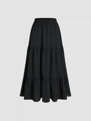 Solid Elastic Waist Ruffle Hem Tiered Maxi Skirt