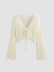 Solid Crochet Tie Front Deep V Neck Crop Top Curve & Plus