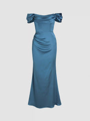 Satin Sculptural Ruched Off-shoulder Mermaid Maxi Dress