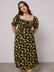 Fruit Square Neck Puff Sleeve Midi Dress Curve & Plus