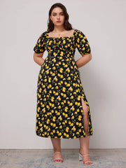 Fruit Square Neck Puff Sleeve Midi Dress Curve & Plus