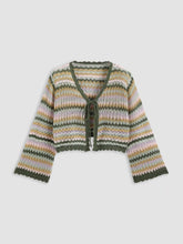 V-neck Striped Lace Up Knitted Long Sleeve Cardigan Curve & Plus