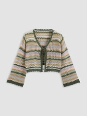 V-neck Striped Lace Up Knitted Long Sleeve Cardigan Curve & Plus