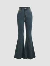 Stretch Denim High Waist Button Flared Jeans