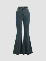 Stretch Denim High Waist Button Flared Jeans