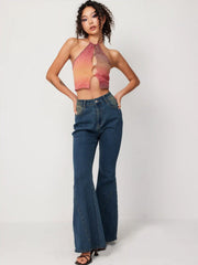 Stretch Denim High Waist Button Flared Jeans