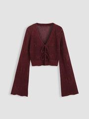 Solid Hollow Out Knit Knotted Cardigan