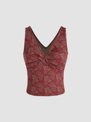 Jersey V-neck Floral Twist Crop Top
