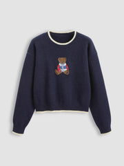 Round Neckline Graphic Bear Long Sleeve Sweater