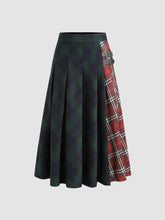 Mid Waist Patched Check Buckle Maxi Skirt