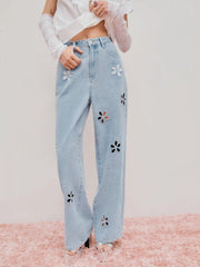 Denim Mid Waist Floral Pocket Wide Leg Jeans