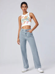 Solid High Rise Pocket Straight Leg Jeans