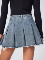 Denim High Waist Pleated Raw Hem Mini Skirt