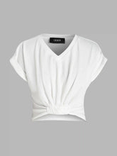 V-neck Solid Ruched Crop Top & Elastic Waist Wide Leg Trousers