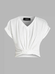 V-neck Solid Ruched Crop Top & Elastic Waist Wide Leg Trousers