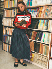 Mid Waist Patched Check Buckle Maxi Skirt