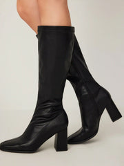 Classic Chunky Heeled Faux Leather Knee High Boots