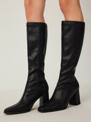 Classic Chunky Heeled Faux Leather Knee High Boots