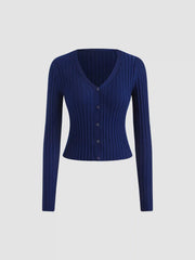 Wool-blend V-neck Solid Button Cardigan