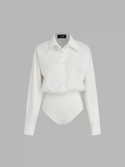 Collar Solid Button Long Sleeve Shirt Bodysuit