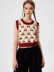 Round Neckline Cherry Knitted Crop Vest