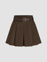 Mid Waist Solid Pleated Skort with Belt