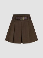 Mid Waist Solid Pleated Skort with Belt