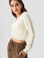V-neck Cable Knit Button Cardigan
