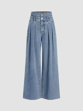 Double High Rise Solid Button Wide Leg Jeans