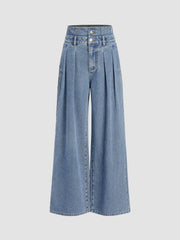 Double High Rise Solid Button Wide Leg Jeans