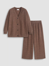 V-neck Button Top & High Waist Flared Trousers Loungewear Set Curve & Plus