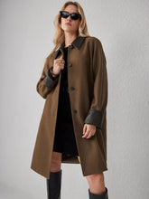 Faux Leather Contrasting Collar Long Barn Jacket