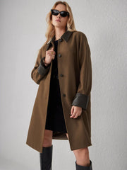 Faux Leather Contrasting Collar Long Barn Jacket