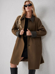 Faux Leather Contrasting Collar Long Barn Jacket