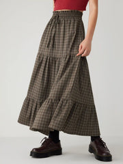 Elastic Waist Check Knotted Tiered Maxi Skirt