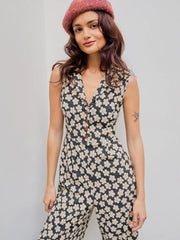 Collar Floral Wide Leg Jumpsuit