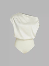 Satin Asymmetrical Neck Solid Ruched Bodysuit