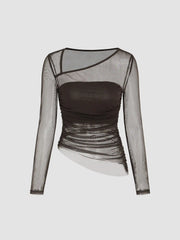 Mesh Asymmetrical Neck Long Sleeve Top