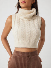 High Neck Solid Cable Knit Crop Vest & Houndstooth High Waist Wide Leg Trousers Set