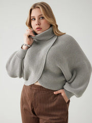 High Neck Solid Knitted Long Sleeve Crop Sweater Curve & Plus