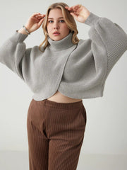 High Neck Solid Knitted Long Sleeve Crop Sweater Curve & Plus