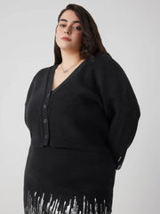 V-neck Sequin Sleeve Button Cardigan Curve & Plus