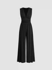 V-neck Ruched Solid Wide Leg Jumpsuit