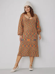 Knit Jacquard Square Neck Colorful Maxi Dress & Shrug Curve & Plus