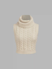 High Neck Solid Cable Knit Crop Vest & Houndstooth High Waist Wide Leg Trousers Set