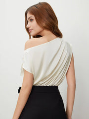 Satin Asymmetrical Neck Solid Ruched Bodysuit