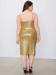 Metallic V-neck Solid Ruched Midi Dress Curve & Plus